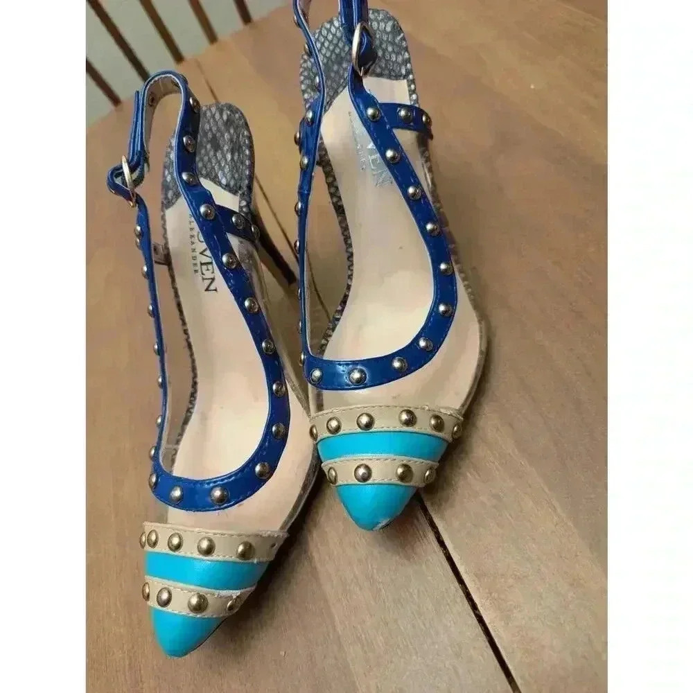 Women's clear with blue and silver studded detail pumps by Leuven size 8